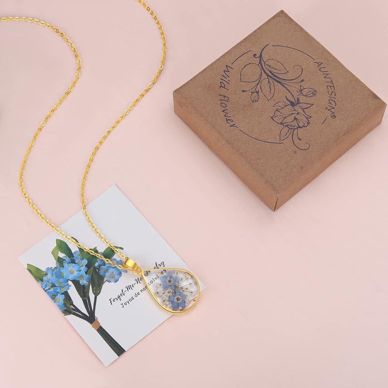 AUNTESIGN Store Forget-Me-Not and Queen Anne's Lace Pressed Wildflower Necklace | Birth Month Real Flower Necklace | Gold/Silver Pressed Flower Jewelry | Personalized Handmade Jewelry - Image 3
